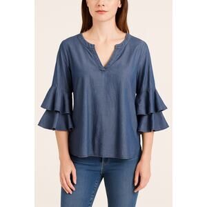 ANN TAYLOR FACTORY | Blue Lyocell Ruffle Sleeve Blouse Top | XL